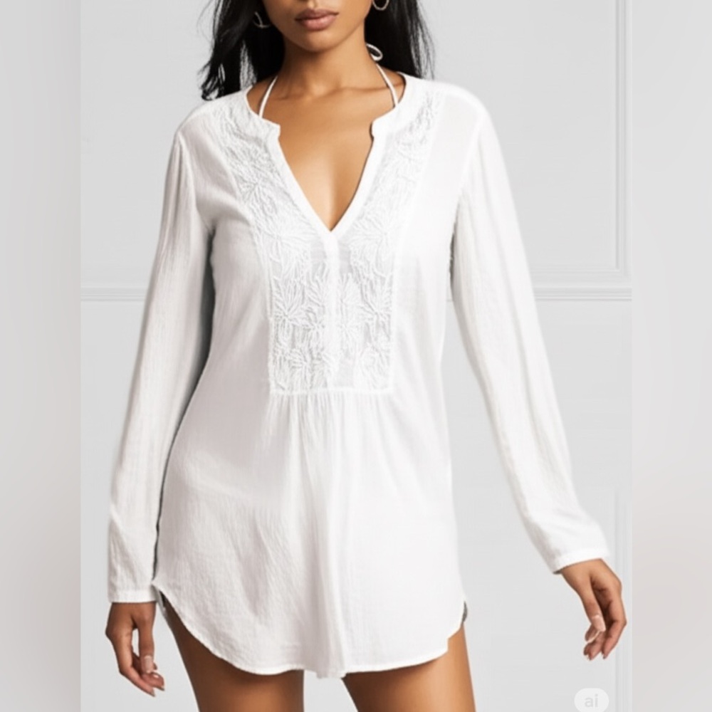 H&M LOGG Long Sleeve Embroidered Split Neck Mini Shirt Dress Coverup White 8 - Picture 5 of 9